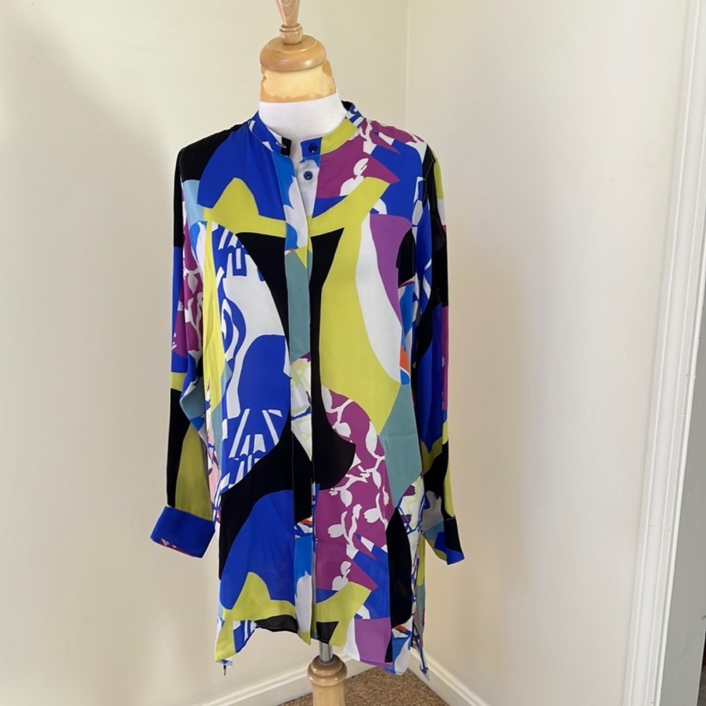Etro Sz 44/M Blue Yellow Multi Printed Silk Blouse.